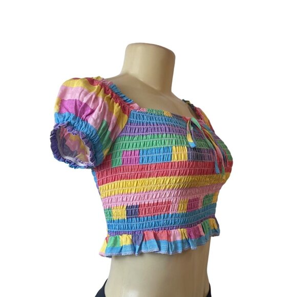 BCBGeneration Women's Multicolor Playful Stripe Smocked Crop Top Sz XS - Picture 3 of 7